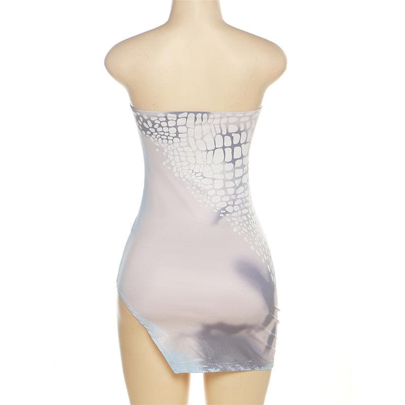 Strapless Tube High Side Slit Geometric Scale Print Bodycon Mini Dress