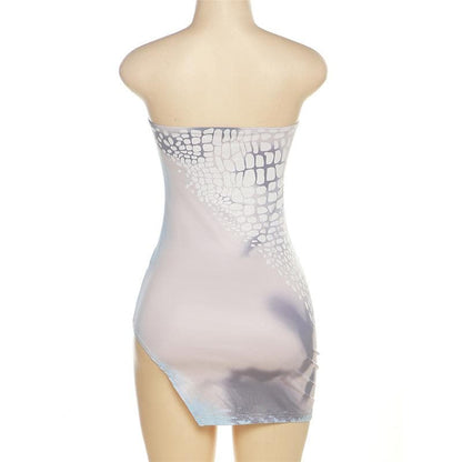 Strapless Tube High Side Slit Geometric Scale Print Bodycon Mini Dress