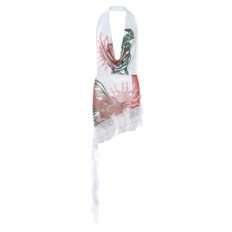 Abstract contrast cowl neck halter backless irregular mini dress-final-sale