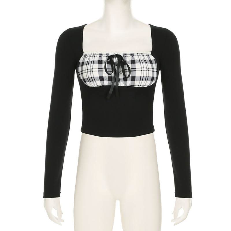 Long sleeve square neck plaid self tie top