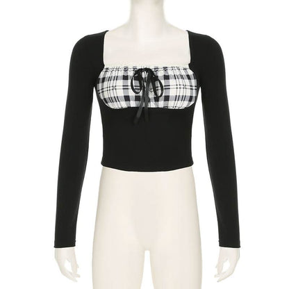 Long sleeve square neck plaid self tie top