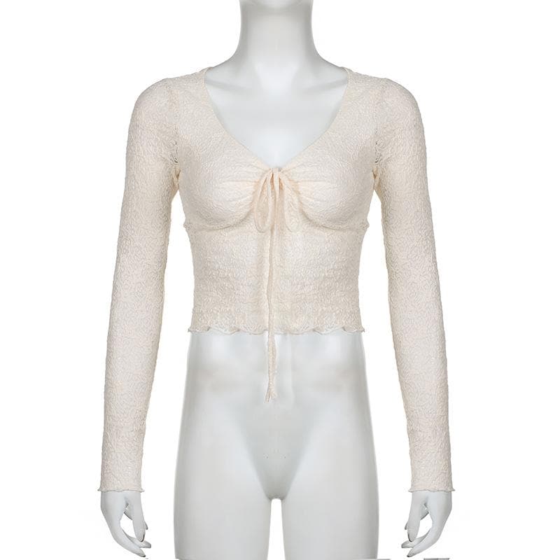Long sleeve drawstring ruched lace ruffle top