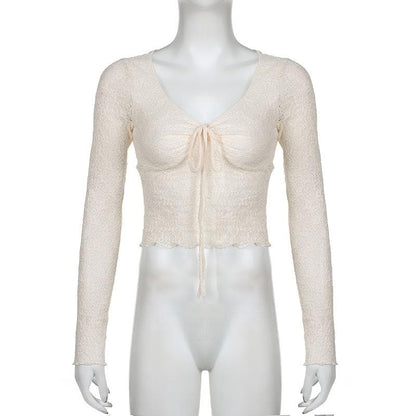 Long sleeve drawstring ruched lace ruffle top