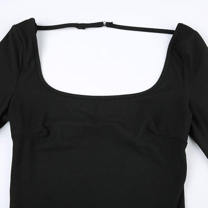 Square neck solid long sleeve backless cross back bodysuit