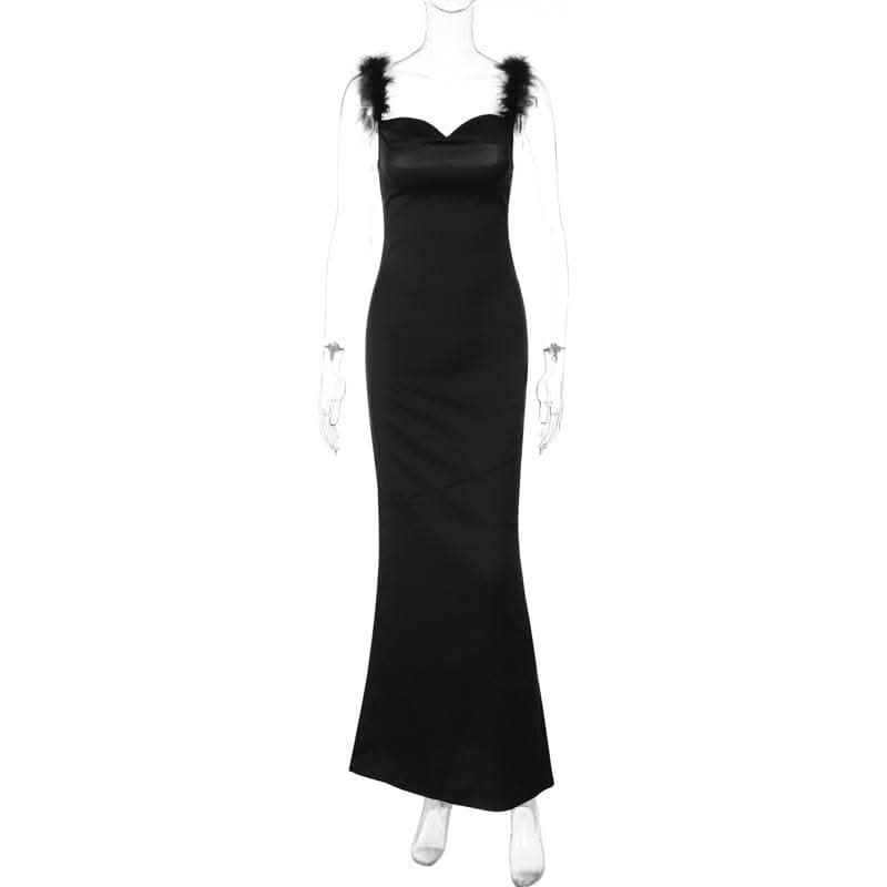Feather cowl neck ruched solid backless maxi dress-final-sale