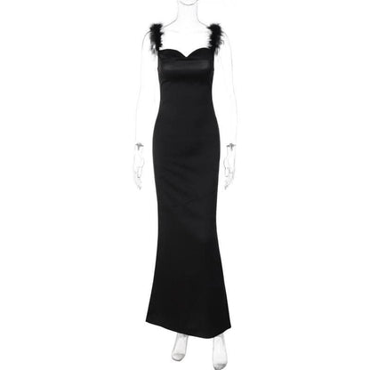 Feather cowl neck ruched solid backless maxi dress-final-sale