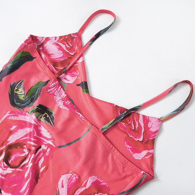 Rose print v neck backless cami mini dress