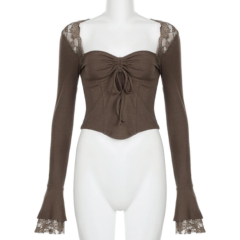 Long flared sleeve drawstring ruched lace top