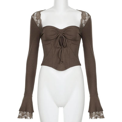 Long flared sleeve drawstring ruched lace top