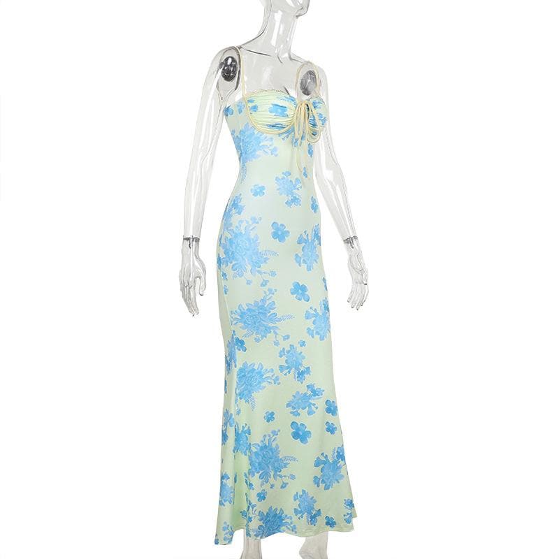Sweetheart neck ruched lace hem flower print cami maxi dress