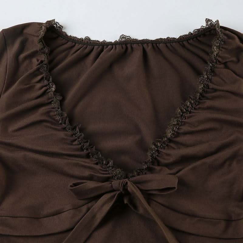 V neck long sleeve lace hem ruched bowknot top