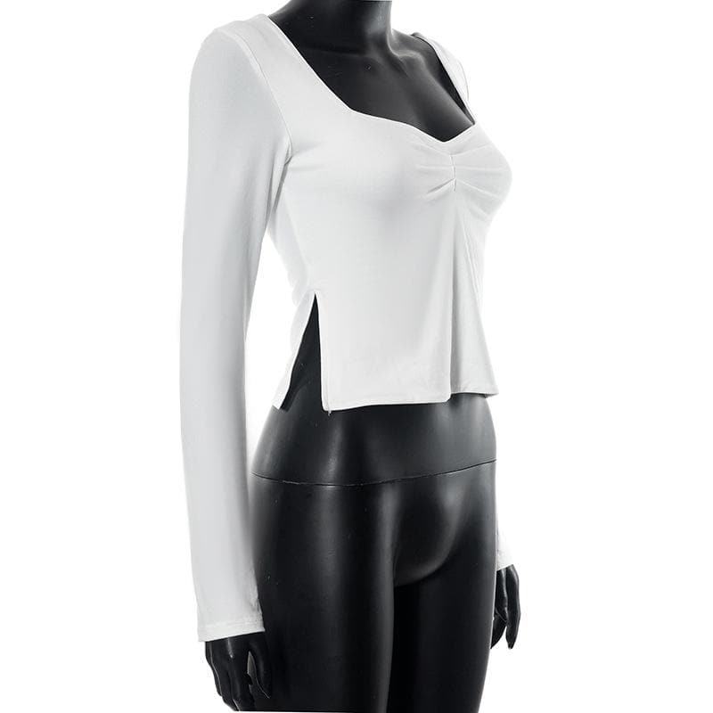 Square neck ruched long sleeve slit solid top