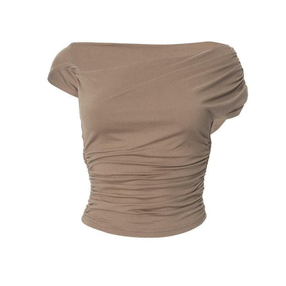 Short sleeve irregular ruched solid top