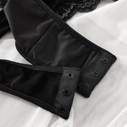 Short sleeve lace velvet patchwork bodysuit