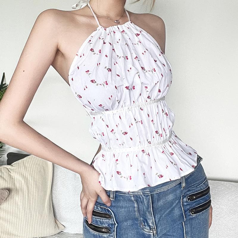 Flower print contrast ruched backless self tie halter top