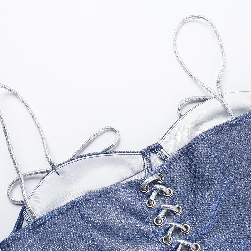 Sweetheart neck glitter stitch backless cami top