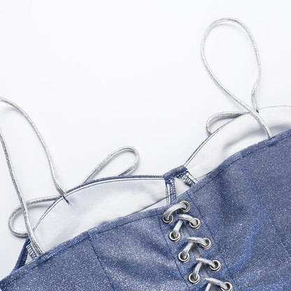 Sweetheart neck glitter stitch backless cami top