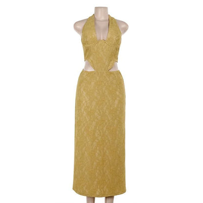 Halter self tie hollow out slit zip-up lace cut out maxi dress