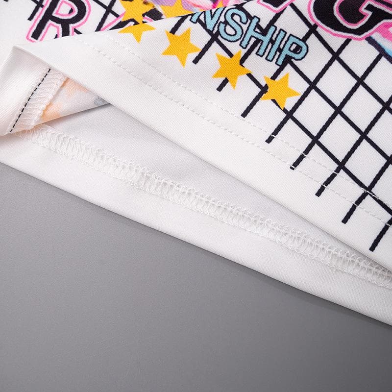 Short sleeve car pattern contrast patchwork crop top