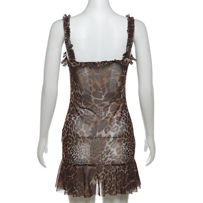 Leopard print v neck ruffle mesh cami mini dress