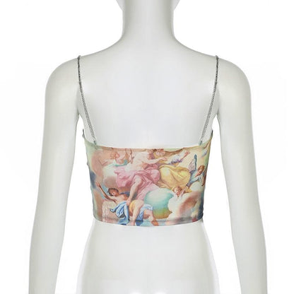 Metal chain print lace hem cami crop top