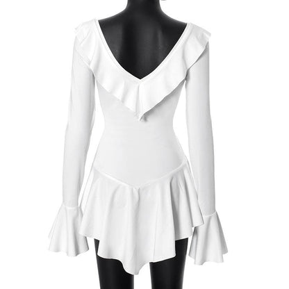 Long flared sleeve ruffle v neck mini dress