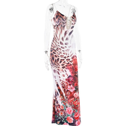 V neck self tie leopard print backless cami maxi dress
