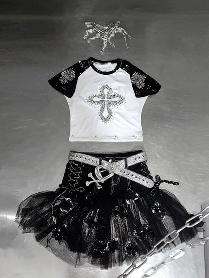 Cross pattern beaded mesh flower applique short pant set