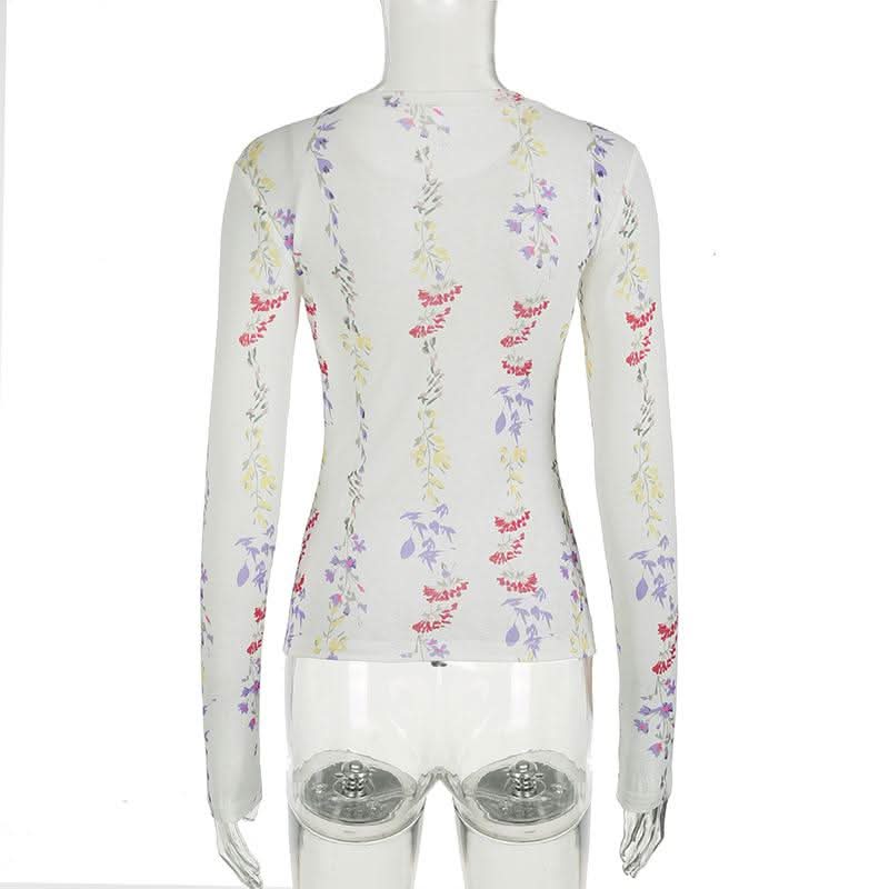 Crewneck long sleeve flower print top