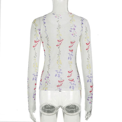 Crewneck long sleeve flower print top
