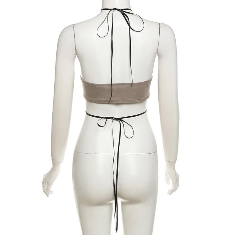 Halter PU leather star pattern backless crop top