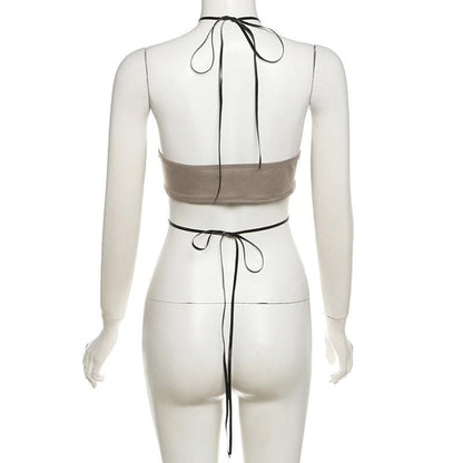 Halter PU leather star pattern backless crop top