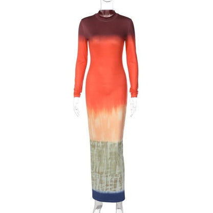 Tie dye print long sleeve high neck contrast maxi dress-final-sale