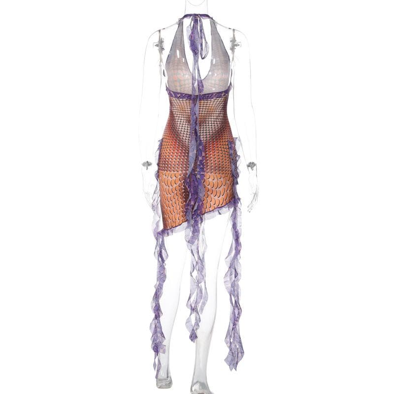 Deep V neck ruffle body print irregular mini dress