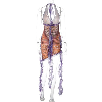 Deep V neck ruffle body print irregular mini dress