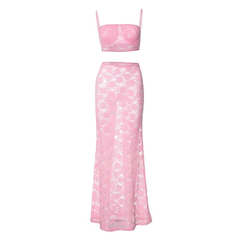 Sheer lace see through cami maxi skirt set