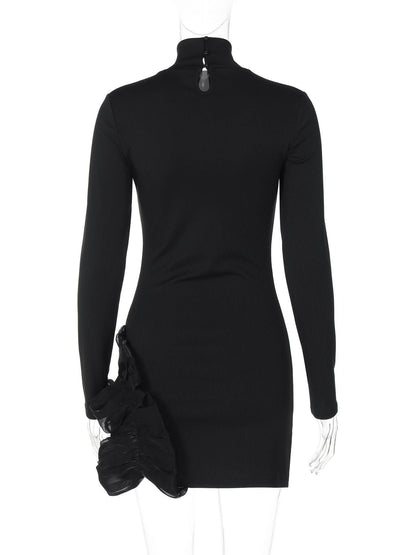 High neck long sleeve ruffle mini dress