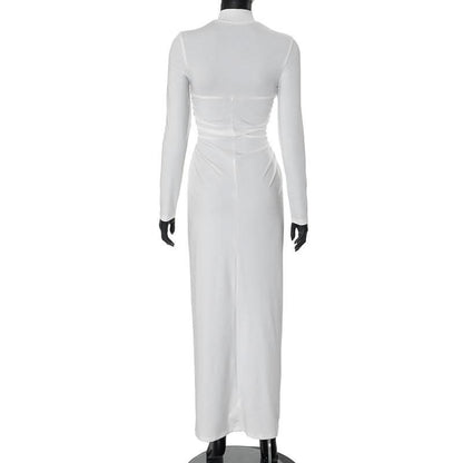 High neck long sleeve ruched maxi dress