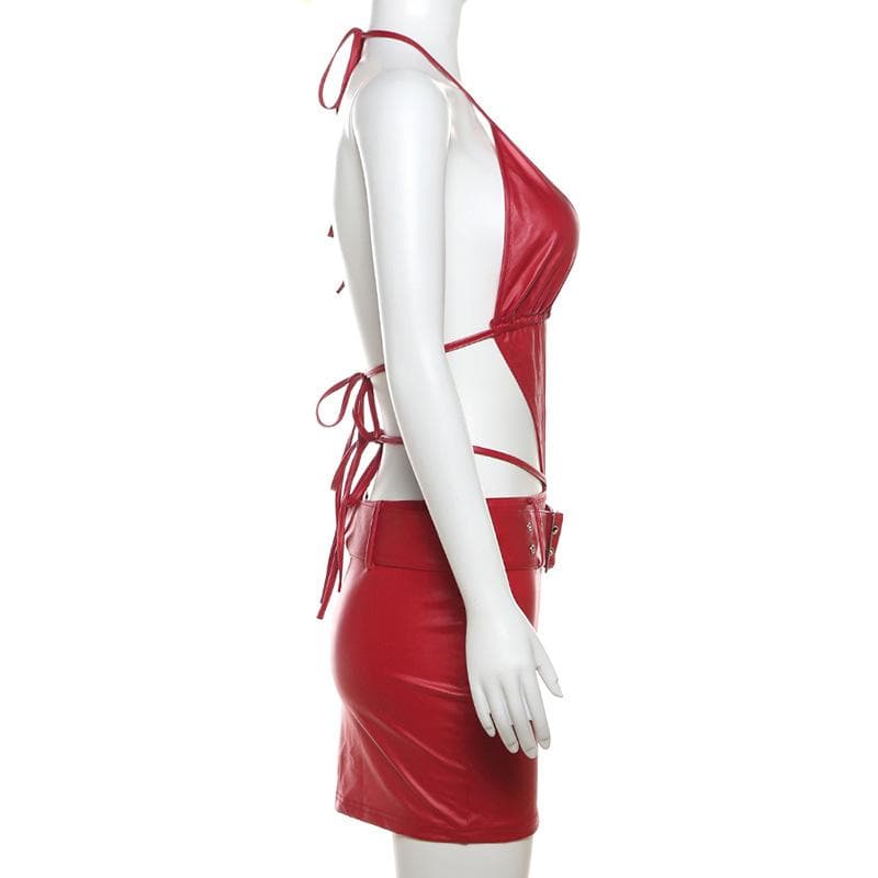 Halter buckle deep PU leather v neck backless mini dress