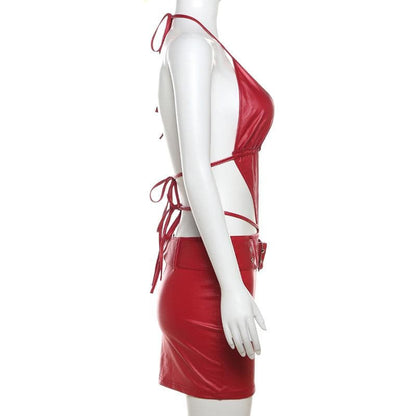 Halter buckle deep PU leather v neck backless mini dress