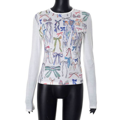 Crewneck long sleeve bowknot print contrast top