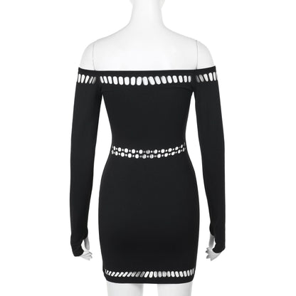 Off shoulder long sleeve hollow out beaded cut out mini dress