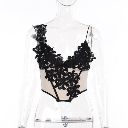 Flower embroidery bustier backless cami top