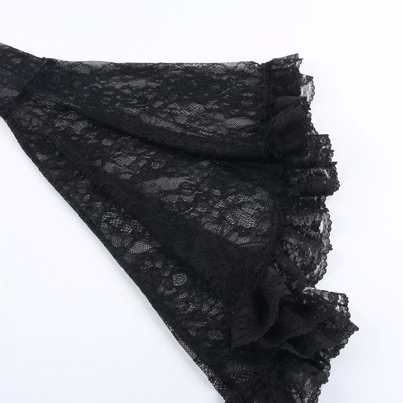Long flared sleeve velvet lace patchwork ruffle lace up crop top