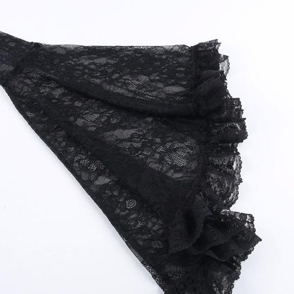 Long flared sleeve velvet lace patchwork ruffle lace up crop top