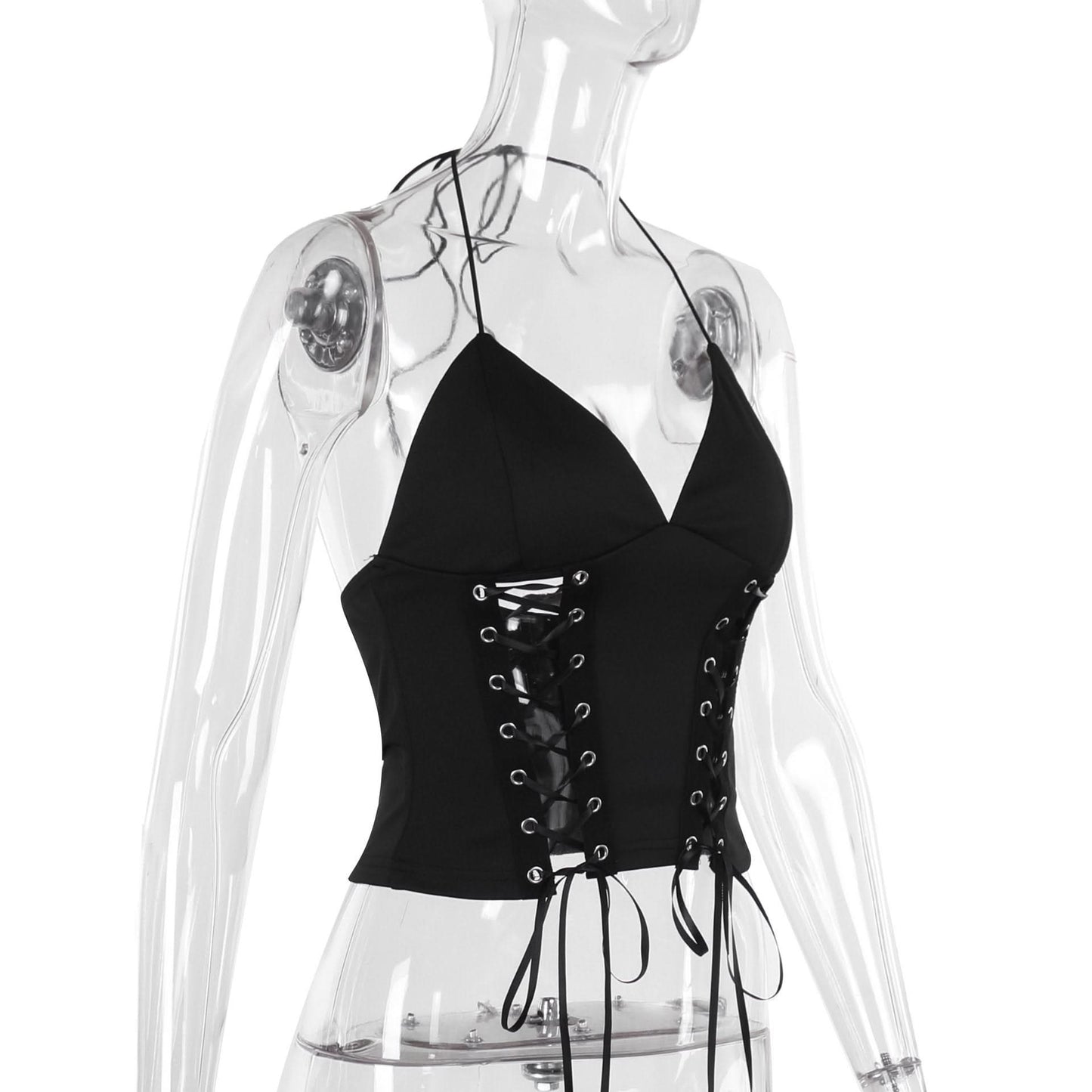 Halter self tie v neck lace up backless solid top