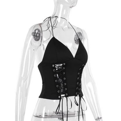 Halter self tie v neck lace up backless solid top