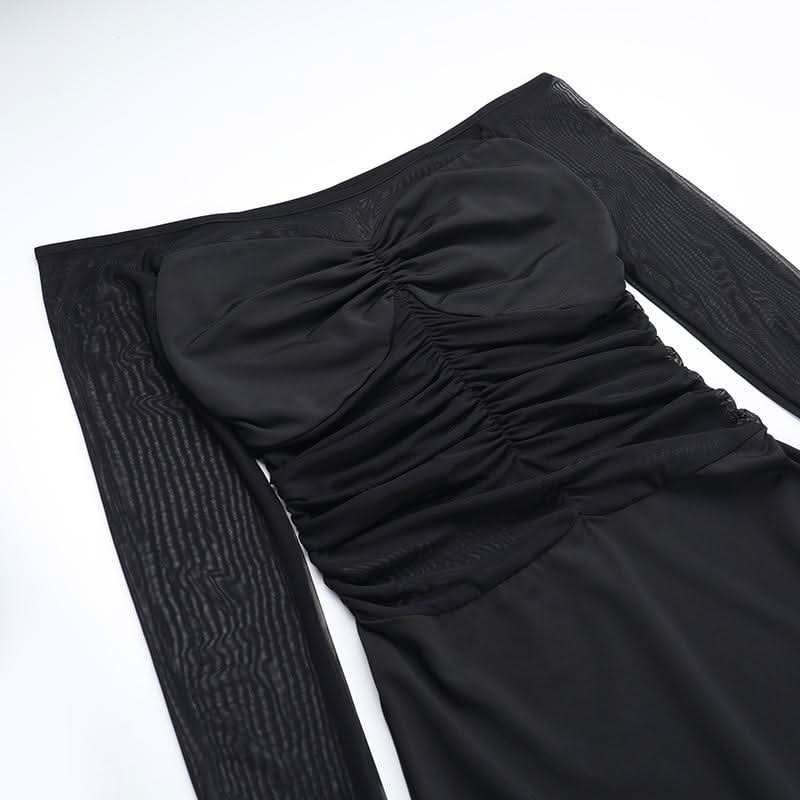 Off shoulder long sleeve mesh patchwork ruched maxi dress