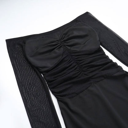 Off shoulder long sleeve mesh patchwork ruched maxi dress