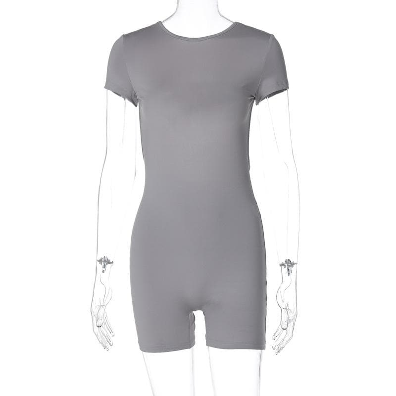 Short sleeve crewneck solid backless hollow out romper